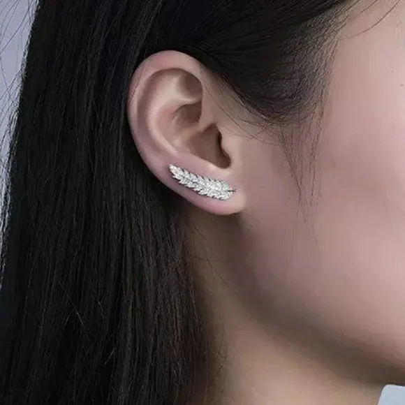 New Silver Leaf Stud Zircon Earrings - Picture 2 of 5